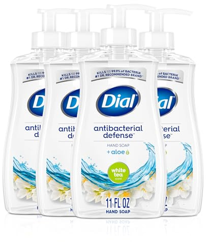 Dial Antibacterial Defense Liquid Hand Soap + Aloe, White Tea Scent, 11 Fl Oz (Pack of 4), Dermatologist-Tested Hand Wash, Gentle Formula
