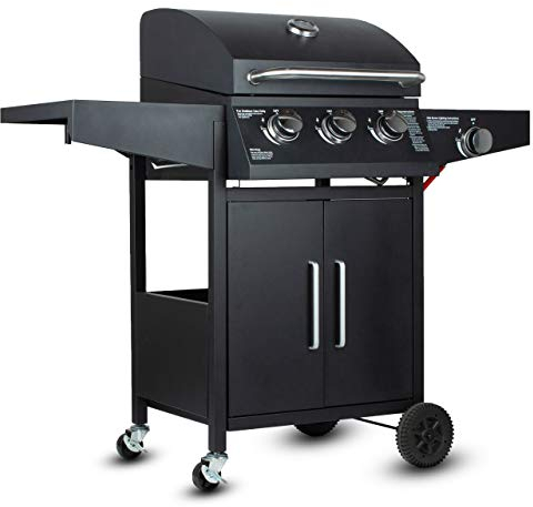GrillMaster - Grill a gas PartyTogether 3+1 + coperchio, da giardino, a gas, con termometro, con ruote, con bruciatore aggiuntivo