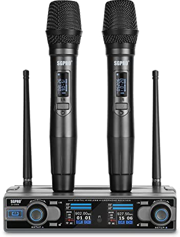 SGPRO Drahtloses Mikrofon Dual-Handheld-System mit AA-Batteriebetriebenen Mikrofonen 6 Stunden Ausdauer, Auto-Scan, TFT-Bildschirm für DJ, Gesang, Hosting, Bühne und Party