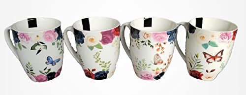 RSW Set of 4 Floral Butterfly Mugs Large 11oz New Bone China Drinking Mugs Tea Coffee Cups, White