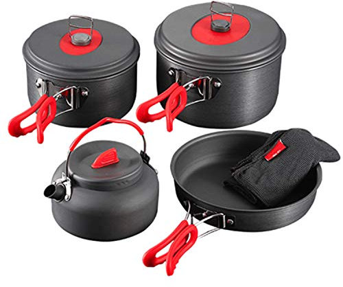LMEILI Camping-Kochgeschirr, tragbares Camping-Kochset für Rucksackreisen, Outdoor-Wandern und Picknick-Topfpfanne, faltbares Spork-Kit