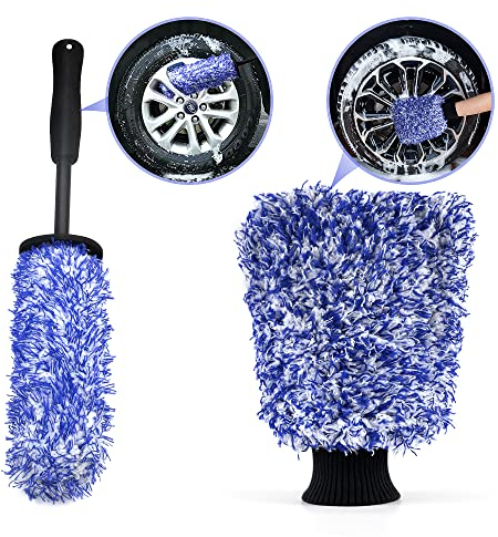 HENMI Felgenbürste Mikrofaser Waschhandschuh Auto Reinigungsset, Mikrofaser Felgenbürste Entfernt Hartnäckigen Schmutz Mühelos, Alufelgen Felgen Bürste Reinigung für Alle Felgentypen