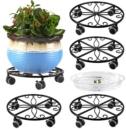 5 Pack Plant Caddy with Wheels & Saucers, Heavy Duty 13.5 Inch Metal Plant Stand with Wheels, Plant Dolly Rolling Plant Stand Plant Roller with Casters for Indoor and Outdoor, Black