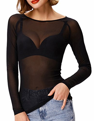 Minetom T-Shirt Femme Hauts Tulle Transparents à Manches Longues Top en Maille Sexy Blouse Mesh Elastique Chemise Noir Tulle Tenue de Moulante pour Soirée Clubwear B Noir XXL