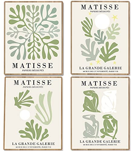 Udewo Sage Green Wall Art Prints Set of 4 Plant Prints, Unframed Room Decor Aesthetic Botanical Wall Art Canvas Poster Abstract Matisse Wall Art Posters for Bedroom Living Room Bathroom Decor 8x10inch