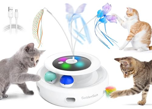 GoldenSun 3-In-1 Interactive Cat Toys for Indoor Cats Adult, Smart Cat Feather Toys, Rechargeable Power Cat Toys Balls & Handmade Butterfly Cat Toy, Teaser with 6 Attachments
