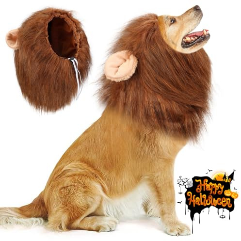Vivifying Hundekostüm Löwenmähne Hund, Verstellbar Hunde Halloween Kostüm Perücke mit Ohren für Mittlere und Große Hunde(Dunkelbraun)