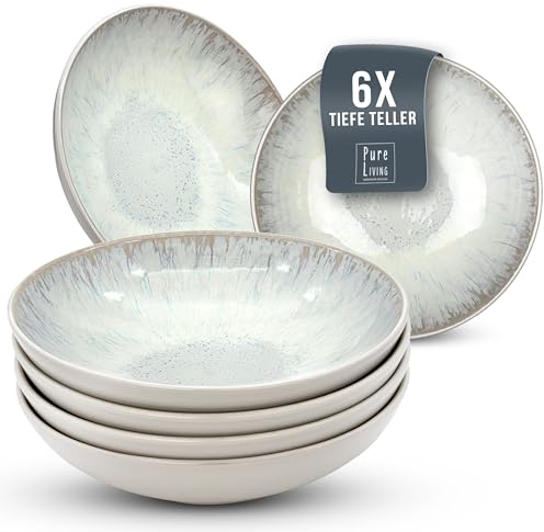 Set di 6 Piatti Fondi Moderni della Serie Ibiza, Eleganti Piatti per Pasta e Zuppe, Design Stiloso - Servizio Piatti per 6 Persone in Steingut - Pure Living beige chiaro