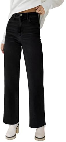 KDF Straight Leg Jeans for Women High Waisted Jeans Frayed Baggy Pants Raw Hem Loose Stretchy Cropped Wide Leg Jeans Black Size 8