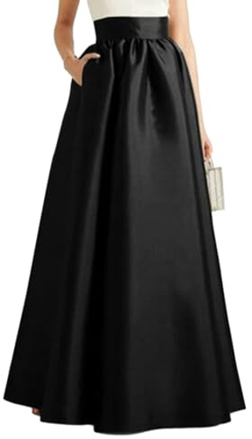 Tainrunse Gonna da donna a orlo largo svasata, linea A, autunnale, in finto raso, maxi, lunghezza al pavimento, tinta unita, a vita alta, con tasche, elegante, vintage, casual, oversize, lunga, Nero