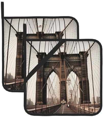 Topflappen für die Küche, hitzebeständige Topflappen mit Tasche, Ofen-Topflappen, Foto von Brooklyn Bridge, waschbare heiße Pads zum Kochen, Backen, Ofenpfannen, Untersetzer, 20,3 x 20,3 cm, 2 Stück