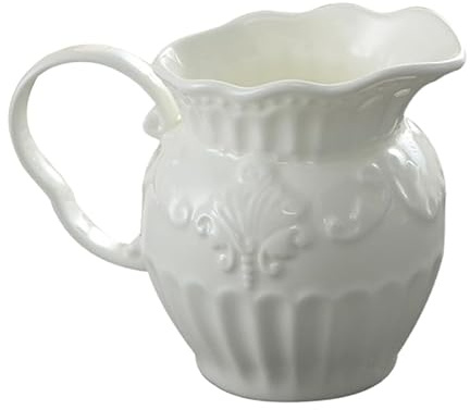 ABOOFAN Embossed Ceramic Milk Jug 5.51In Milk Pot with Handle for Home Kitchen Cafe Restaurant Serving | Ceramic build, pointed spout for precise pouring, comfortable handle, white finish, suitable for cafe, home and dessert shops