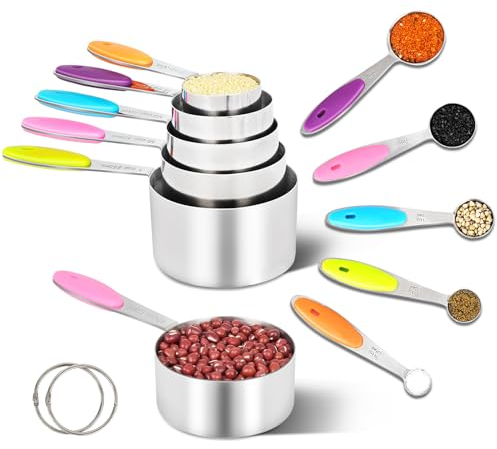 Fire More Messbecher und Messlöffel, 12 Stück Edelstahl Messbecher Set mit Messlineal, 5 Measuring Cups & 5 Measuring spoons für Trockene und Flüssige Zutaten, Gutes Küchenwerkzeug Haushaltshelfer