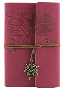 SagaSave A6 Nachfüllbar Tagebuch Notizbuch, Vintage PU Leder Reisetagebuch Journal Skizzenbuch Ringbuch mit Blanko Kraftpapier und Ahorn Anhänger [Rosenrot]