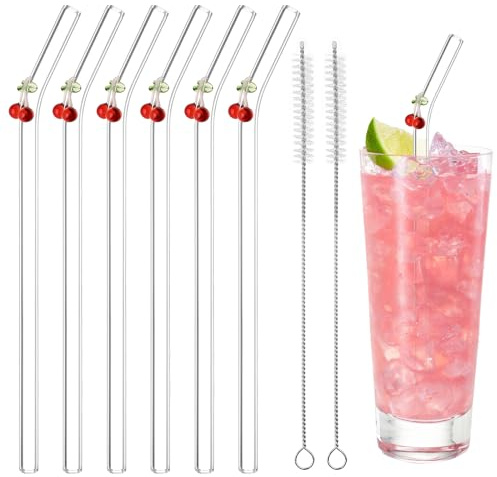 Glass Straw, Reusable, 6pcs Bent Straws with 2pcs Cleaning Brush | Clear Glass, Cherry Design, For Smoothie Milk Coffee Cocktail Water Juice