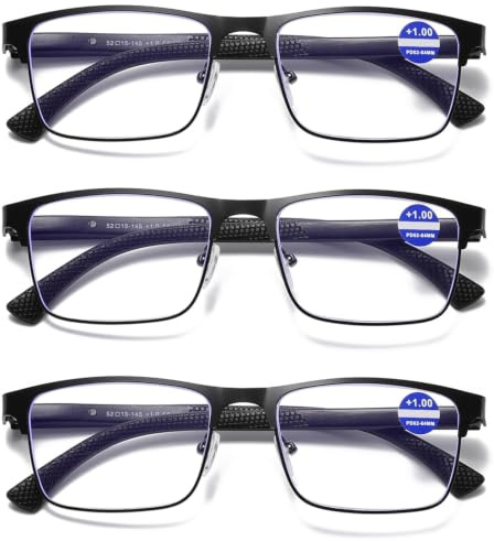 Hubeye 3er-Pack Lesebrille aus Metall für Herren Anti-Blau Licht Sehhilfe Quadrat Männer Brillen Federscharniere Blaulicht Blockierende Computer Lesehilfe 1.00