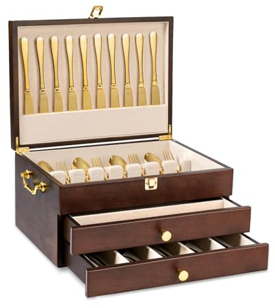 Yoimori Silverware Storage Box, 3-Layer Flatware Storage Case with Drawer, Wooden Silverware Chest with Handle and Linen Liner, Rustic Silverware Case for Storing Fine Flatware and Utensils (Walnut)