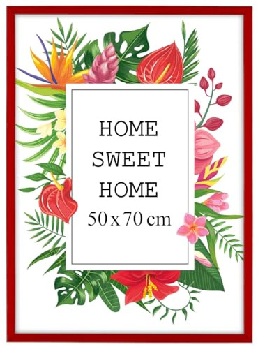 MG Design Cadre photo en bois 50 x 70 cm Rouge – plexiglas transparent, à suspendre vertical et horizontal – pour photos, posters et puzzles