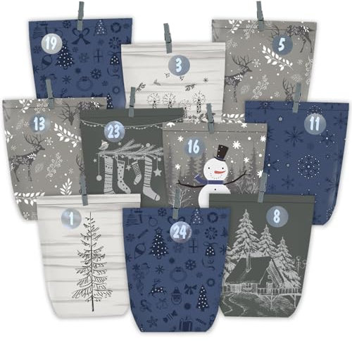 PANSIBY Advent Calendar for Filling, 24 Christmas Calendar Paper Bags with Number Stickers for DIY Crafts, Gift Bags for Standing, Decorating, Kraft Paper Bags Advents for Children Adults