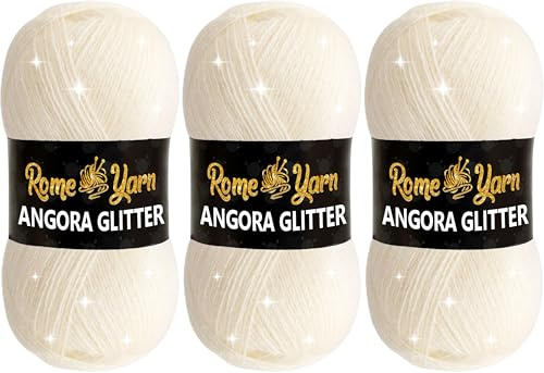 Rome Yarn Angora Glitter | 3 x 100g | Glitzerwolle | Wolle mit Glitzer | Metallic Simli Garn zum Stricken und Häkeln & Kleidung Effektwolle Strickwolle (25 Creme)