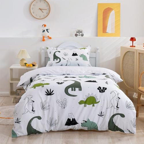 3D-Dinosaurier-Bettbezug-Set, Blättermuster, Bettbezug, Bettwäsche-Set, Cartoon-Bettwäsche, Kinderbettwäsche-Set, 135 x 200 cm + 50 x 75 cm x 2