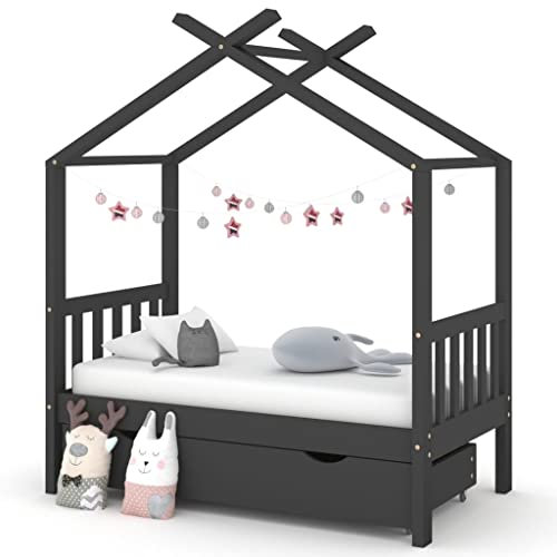 Willood Kinderbett mit Schubladen Hausbett Holzbett für Kinder mit Rausfallschutz Bettgestell mit Lattenrost Massivholz Kiefer Ohne Matratze Dunkelgrau 70 x 140 cm