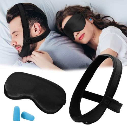 TOEECY 3 Teiliges Set Kinnriemen Schnarchstopper mit Schlafmaske und Ohrstöpsel Verstellbarer Anti Schnarch Lösung Kinnband Schnarchschiene Nasenspreizer Atemhilfe Schlafmittel