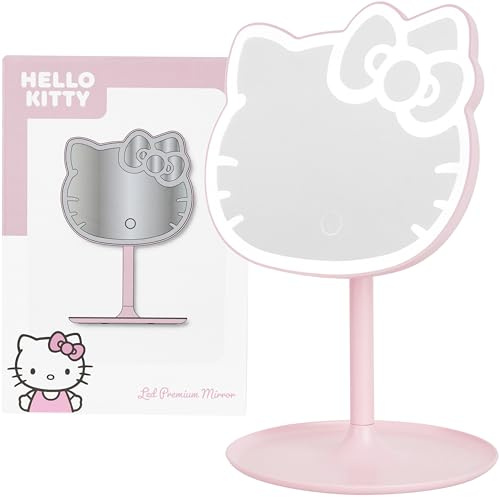 Get Trend Hello Kitty Sanrio Espejo Maquillaje con Luz LED, Diseño Redondo con Base Desmontable, Funciona con Pilas, Espejo Tocador Portátil, Regalos Anime (Rosa/Hello Kitty)