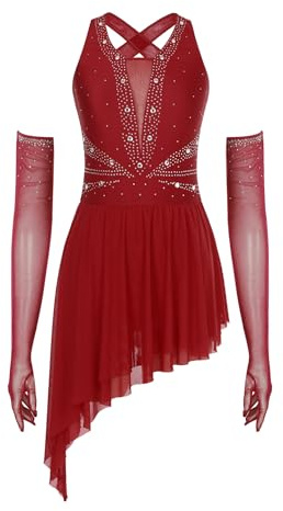 Sxiwei Ensemble Robe Patinage Artistique Femme Justaucorps Strass Asymétrique Robe Danse sur Glace Gymnastique A Bourgogne M