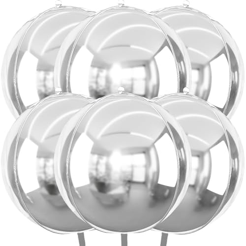 6 stycken stora ballonger, 60 cm (22 tum) jättestora 4D runda folieballonger helium folieballonger för födelsedag baby shower bröllop karneval party dekoration (silver)