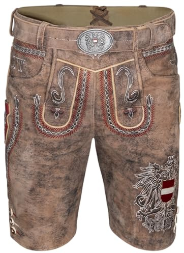 Hoamatkult Lederhose Österreich Adler – Vintage Braun | Echtleder Trachtenhose aus Ziegenleder mit Gürtel & Taschen | Stickerei, hoher, Premium Qualität, Herren Tracht