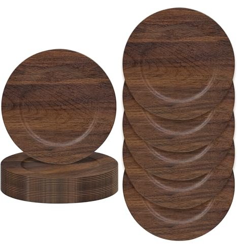 JEVERGN 24 Pack Farmhouse Charger Plates, 13'' Faux Wood Chargers for Dinner Plates, Brown Plate Chargers Set of 24, Round Plastic Charger for Wedding, Party Event, Dinner, Table Setting