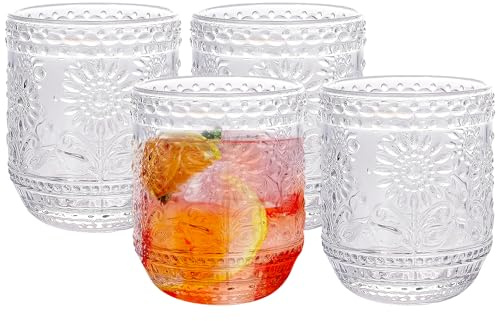 Qudubuy Drinking Tumbler Glasses Set of 4-360ml Vintage Glass tumblers Decorative Floral Embossed Water Glasses Drinking for Juice, Beer, Whisky, Cocktails