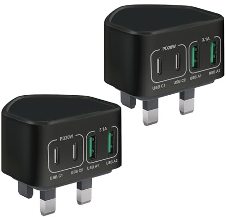 2-Pack USB C Plug Fast Charge, 40W 4-Port Multi Charger Plugs UK Charing Plug Dual Type C PD Power Adapter Multiple Wall Charger Head for iPhone 17 16 15 14 13 12 11 Pro Plus Max, iPad,Samsung