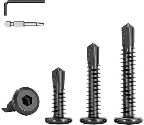 HAISHANG 40 Pcs Self Tapping Screws 5.5x32mm, 410 Stainless Steel Flat Head Hexagon Socket Black Drilling Screws with Hex Socket Bit & Hex Key