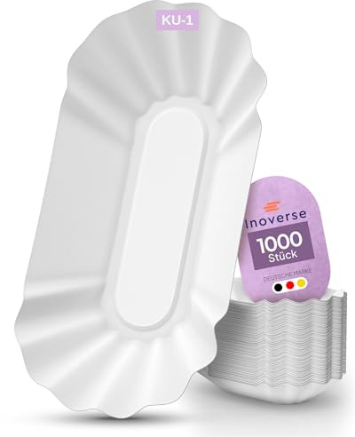 Inoverse Ciotole per patatine fritte in cartone, 1000 pezzi, 10 x 20 x 3 cm | bianche, ecologiche, ciotole per patatine fritte, piatti di carta usa e getta, per salsicce e salsicce per snack e