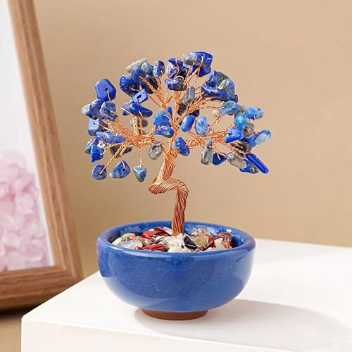 Lumisoul Natural Crystal Gemstone Money Tree with Teacup Base Feng Shui Wealth Bowl Bonsai Tree Desktop Decoration Ornament (Lapis Lazuli （Crushed Stone Version） Dark Blue Bowl)