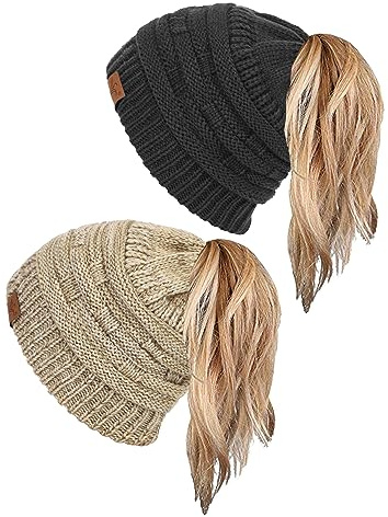 sy soul young Damen Beanie Hüte mit Pferdeschwanz Loch Weiche Strickkappe Stretch Winter Damen Thermomütze(Einheitsgröße,2Pack-2 Ton Khaki&Schwarz)
