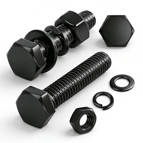 PDKKFF 12 Pcs M10 Tornillos y Tuercas Hexagonales, M10x20mm Juego de Pernos Hexagonales y Tuercas y Arandelas, de Acero Carbono, Negro Tornilleria de Hexágono Para Maquinaria, Muebles, Vehículos