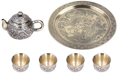 RASTKY Vintage Turkish Coffee Pot Set Tea Pot Vintage Metal Luxurious Relief Pattern Moroccan Tea Set with Cups Plate Table Decoration Turkish Home & Kitchen
