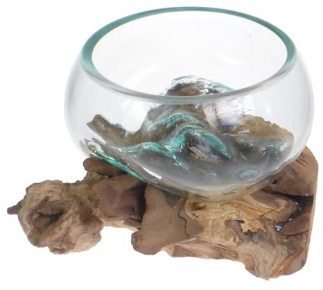 Fyne-Finds Driftwood Glass Candy Bowl Rustic Molten Lava Bowl on Wood Root Stand Decorative Gift
