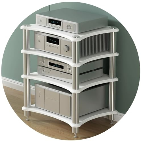 Soporte de audio HiFi de 4 niveles para amplificadores, reproductores de CD, receptores AV, altavoces y tocadiscos, estante de almacenamiento de medios de cine en casa (blanco, 60 x 48 x 85 cm)