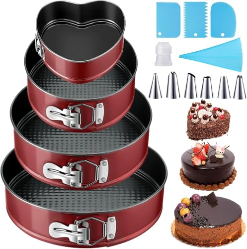 ZPQAODI Springform kakform 12/18/22/26 cm rund, kakformsset röd, bakform med non-stick beläggning, läckagesäker kakform, rund stålbakform med spritstyllar, muffinsform, silikon