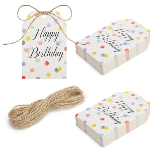 100 Stück Geschenkanhänger Geburtstag Happy Birthday Kraftpapier Tags zum Beschriften Happy Birthday-Aufkleber mit 20m Schnur Geburtstagsanhänger für Geburtstagsgeschenke Einladungen