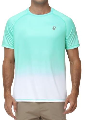 Runhit Mens Swimming T-Shirt UPF 50+, Quick Dry Lightweight SPF Rash Vest Short Sleeve, Breathable UV Sun Protection Swim Top for Running Golf & Hiking, Turquoise Gradient L
