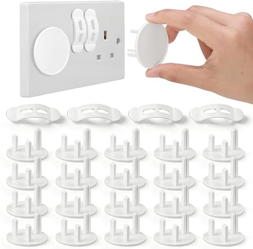 BBTO 24 Pack Baby Safety Socket Cover & Light Switch Guard UK, Child Proof | 20 UK Type G 3-Pin Socket Covers, 4 Switch Guard Cap, Prevent Accidental On/Off Switching, Toddler Proof for Home Nursery