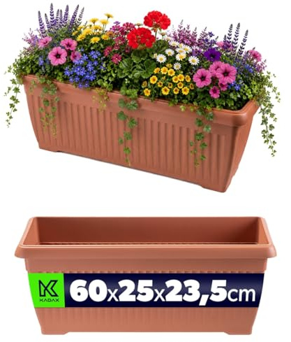 KADAX Blomlåda 60 x 25 x 24 cm, rektangulär växtlåda för blommor, örter och växter på fönsterbräda, balkonglåda av plast (terrakotta)