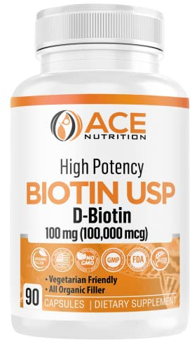 Ace Nutrition High Potency Biotin USP (D-Biotin 100,000mcg) - Superior Biotin, Organic Rice Flour, Vegetarian Capsules For Hair, Skin, & Myelin Health, Made in the USA (100mg/90 Capsules)