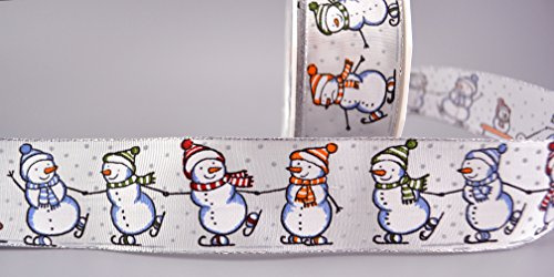 Dekoband Snowman 20 m x 40 mm Rolle Weihnachten Stoffband mit Draht Drahtkantenband Schneemann Winter Deko Christmas Ribbon Kinder Geschenkband Premium Schleifenband Weiss Blau Silber