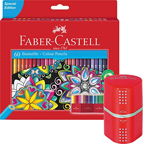 Faber-Castell 111260 - Buntstift Castle, 60er Kartonetui + Grip Doppelspitzdose [ rot ]